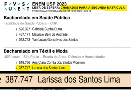 Lista FUVEST USP 2023, Larissa dos Santos Lima aprovada